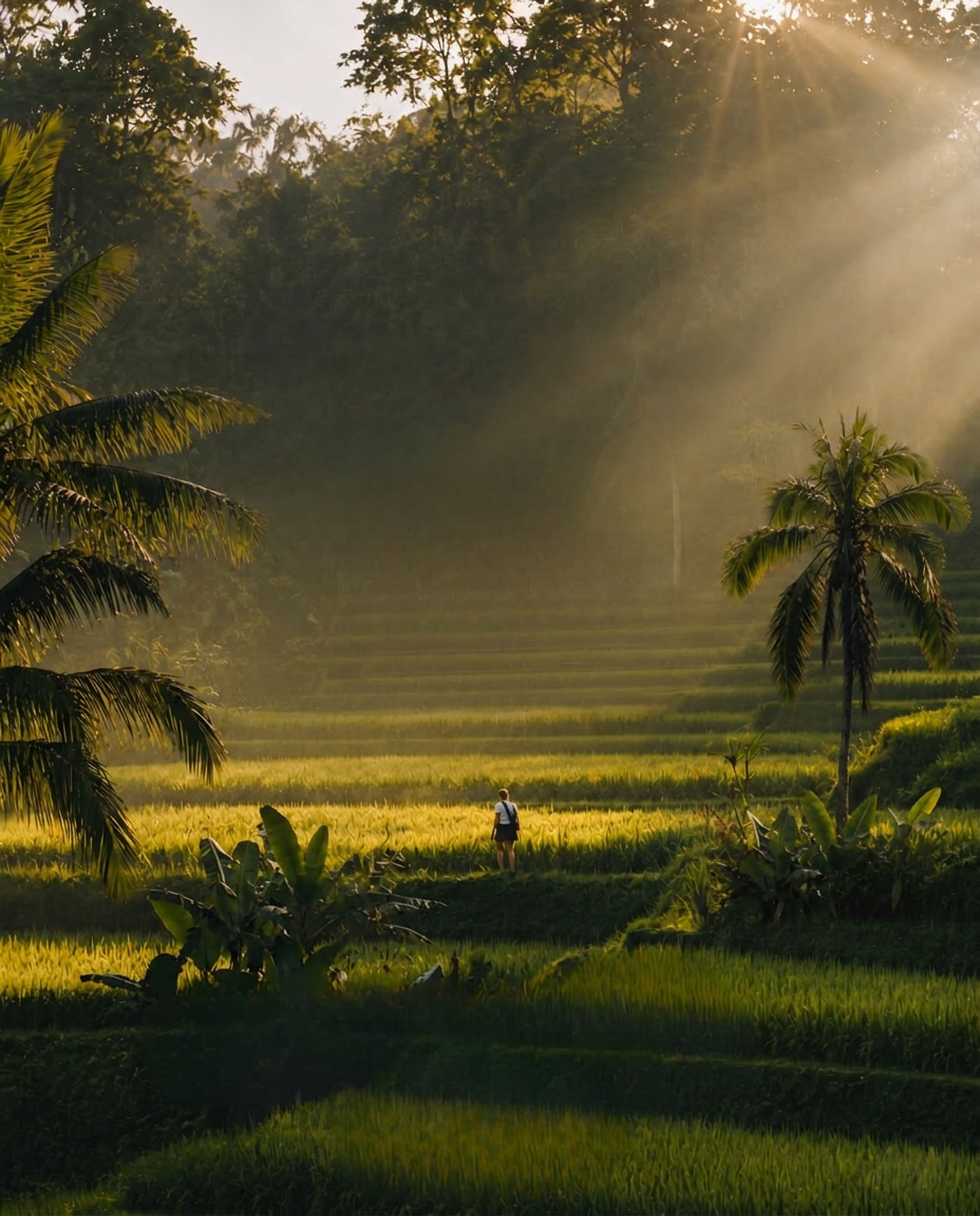 Misty rice terraces in Ubud, Bali at dawn